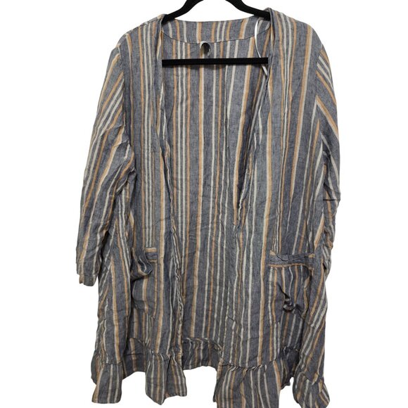 Wrap London Blue & Beige Striped Open Front 100% Linen Lightweight Duster Cardig - Picture 1 of 9